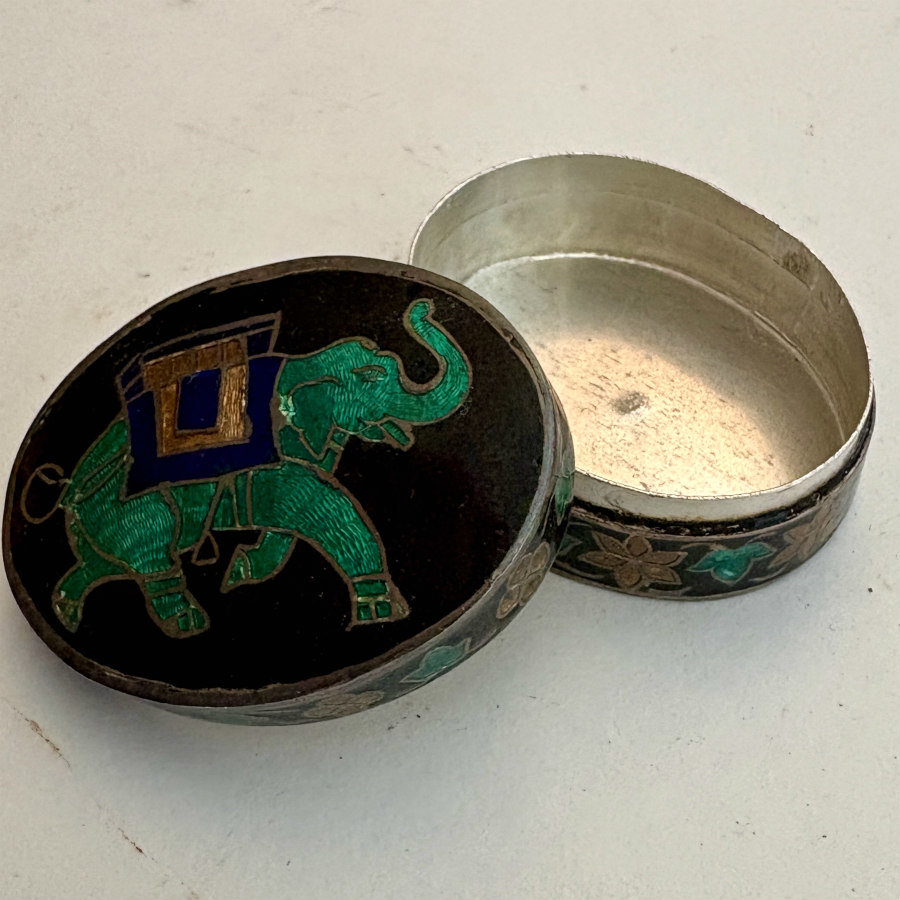 SOLD: Sterling Silver Enamel Pill Box: Elephant