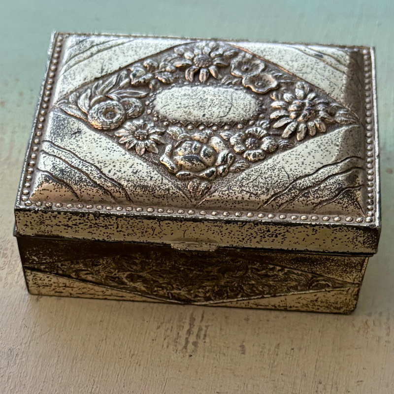 SOLD: Vintage Embossed Metal & Wood Box