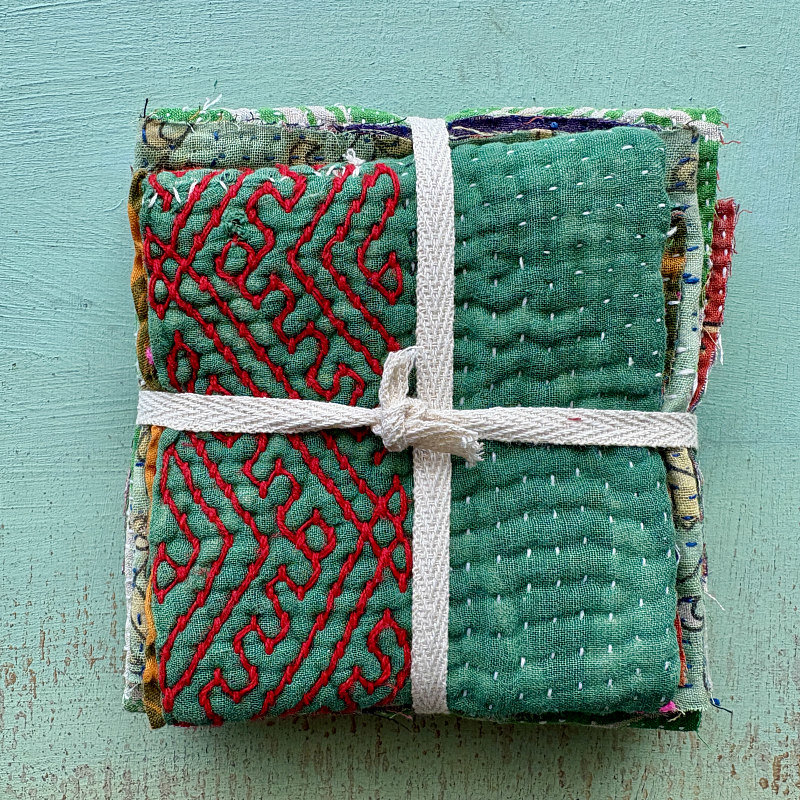 Kantha Stitch Large Scrap Bundle: Evergreen 1