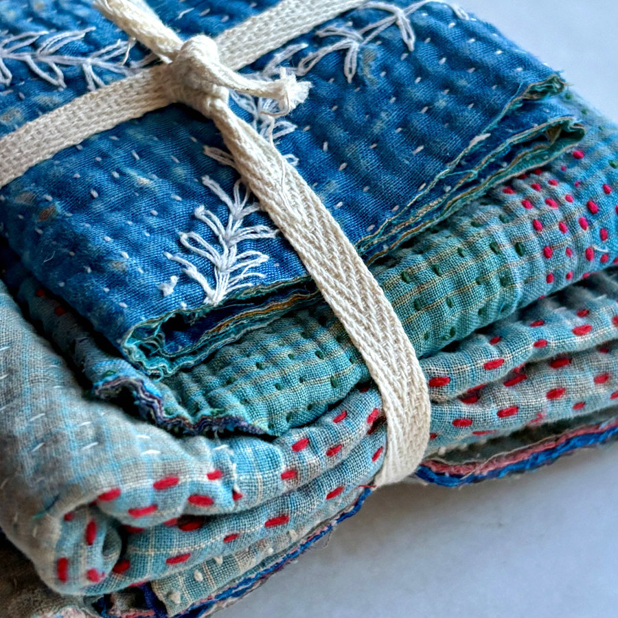 Kantha Stitch Scrap Bundle: The Blues
