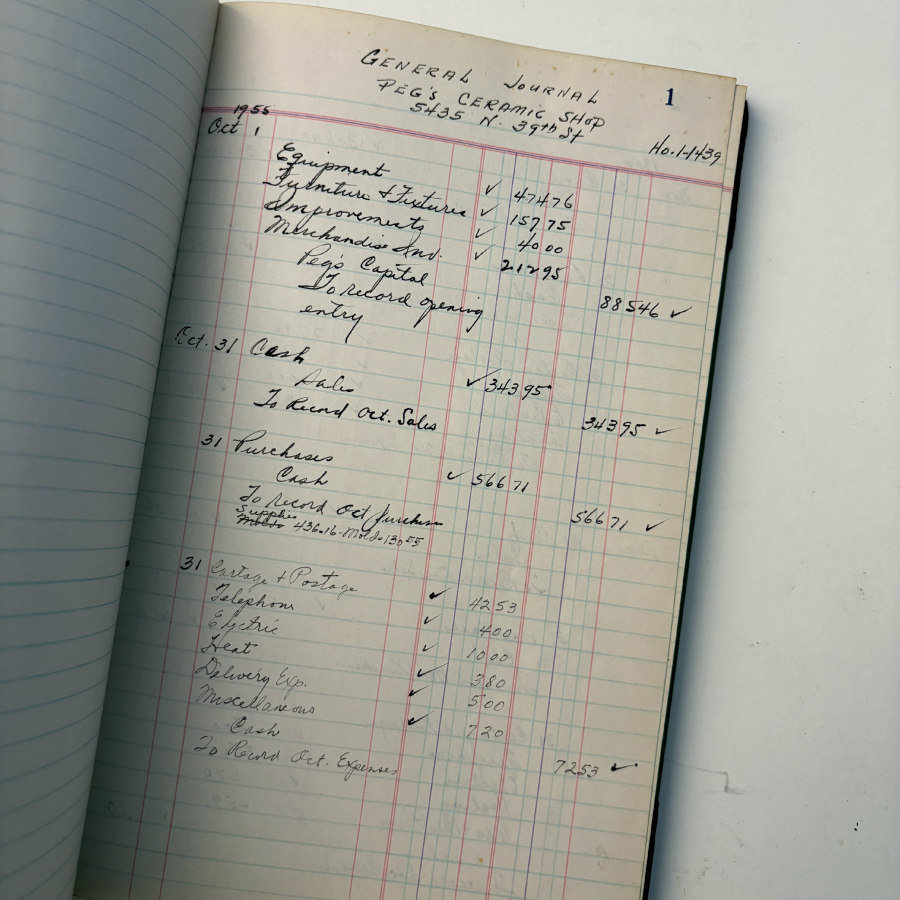 SOLD: 1955 Vintage Ledger: Peg's Ceramic Shop