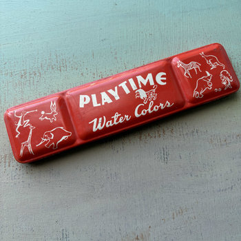 SOLD: Vintage Watercolor Empty Tin: Red Playtime