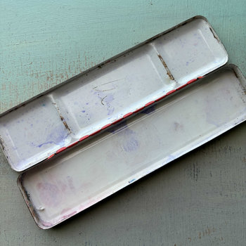 SOLD: Vintage Watercolor Empty Tin: Red Playtime