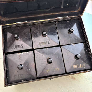 SOLD: Antique Spice Caddy with Square Tins