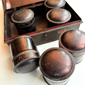SOLD: Antique Spice Caddy with Round Tins